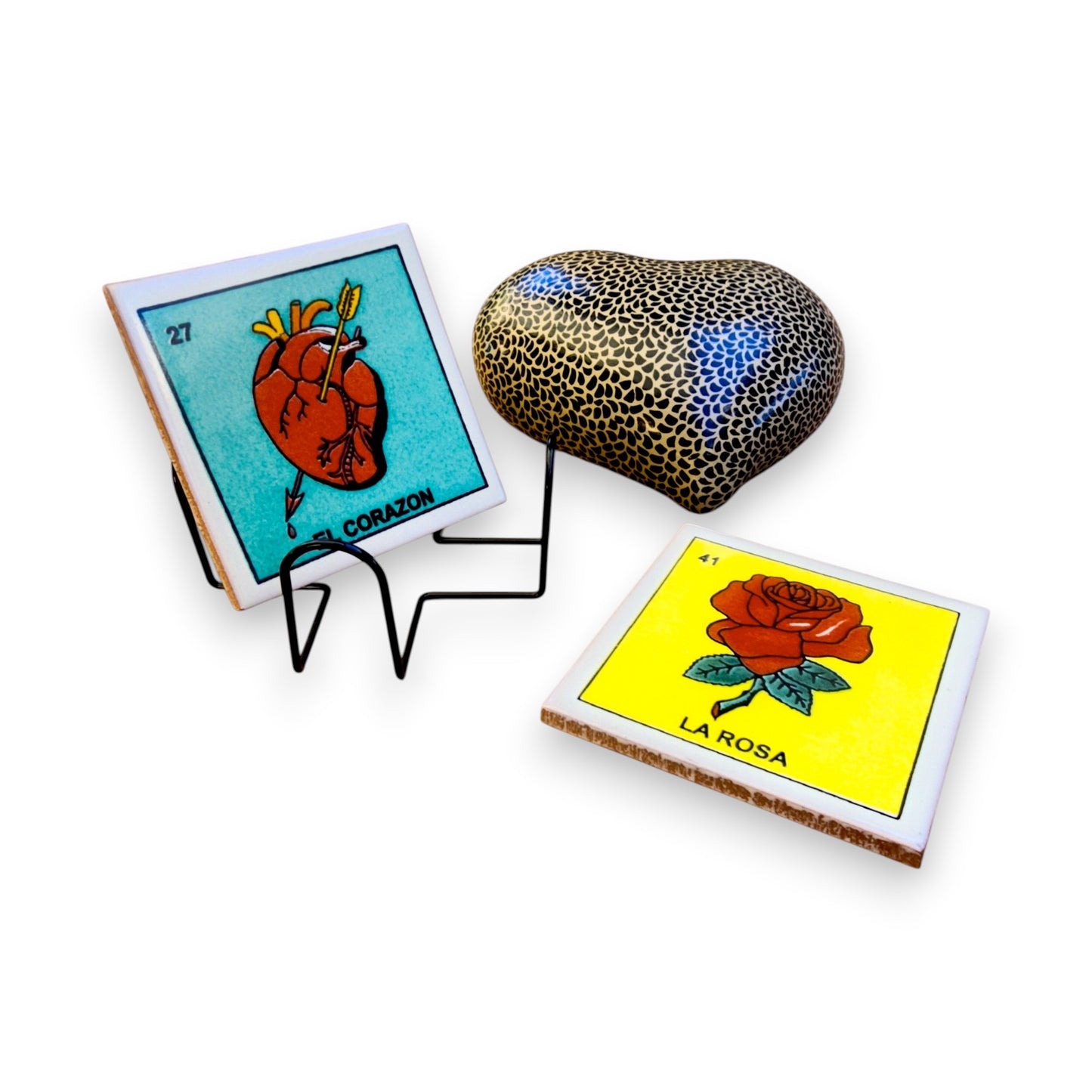 Mexican Ceramic Heart Wall Decor & Loteria Coaster Set w/ Holder