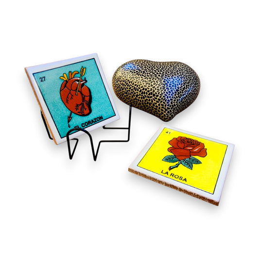Mexican Ceramic Heart Wall Decor & Loteria Coaster Set w/ Holder