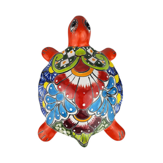 Orange Talavera-Style Ceramic Turtle Figurine 9.5" – Mexican Folk Art Décor