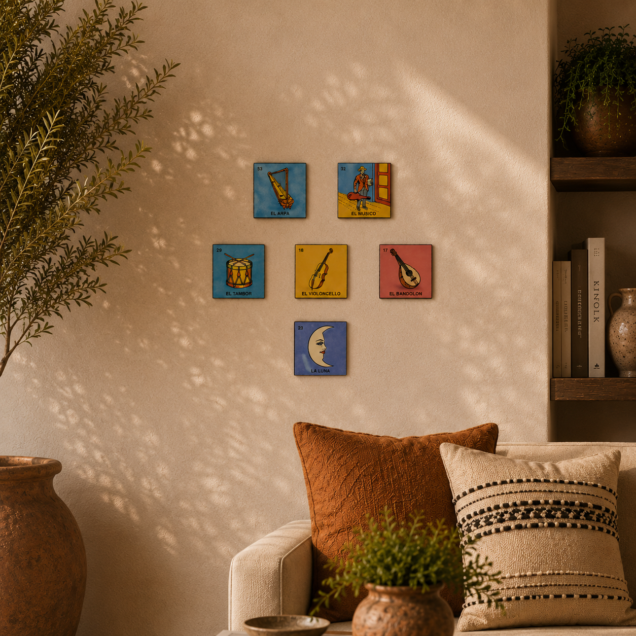 Serenade Collection Mexican Lotería ceramic tiles displayed as colorful music-inspired wall décor in a warm living room setting.