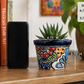 A small succulent in a hand-painted ceramic pot with a colorful Mexican-style pattern, shown on a wooden table next to a smartphone for scale, with size text overlay.