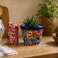 A colorful hand-painted ceramic planter with a small green succulent, styled on a wooden table next to a can of Coca-Cola, with other rustic kitchen props in the background.