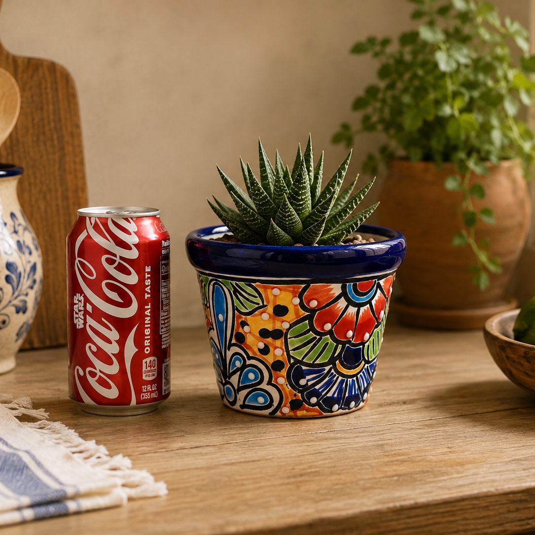 A colorful hand-painted ceramic planter with a small green succulent, styled on a wooden table next to a can of Coca-Cola, with other rustic kitchen props in the background.