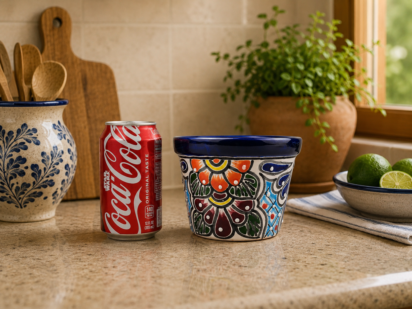 A decorated ceramic planter with a colorful floral pattern and a dark blue rim sits on a kitchen counter next to a red Coca-Cola can. The background features a tiled wall, a wooden cutting board, a potted green plant, and a bowl of limes.