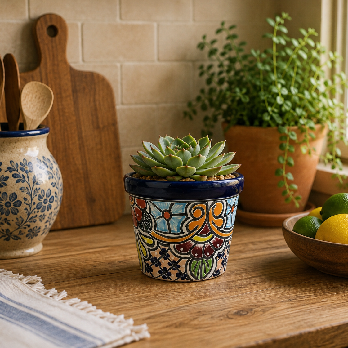 A small succulent plant in a hand-painted ceramic pot with a Mediterranean pattern, styled on a wooden kitchen counter with a bowl of limes, a ceramic utensil holder, and a potted plant in the background.