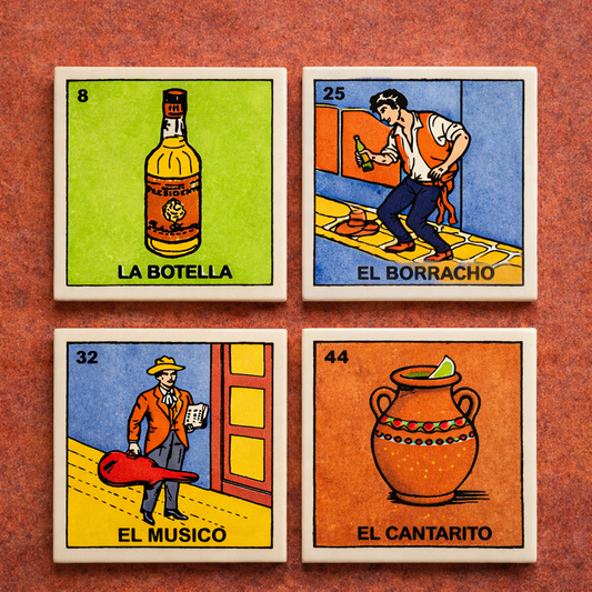 Cantina Nights Lotería Coaster Bundle – 4-Piece Mexican Ceramic Set