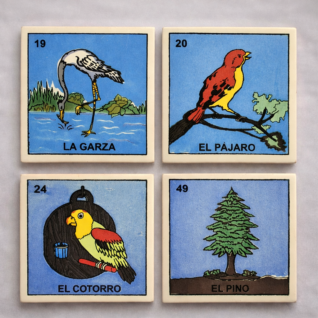 Birds & Nature Lotería Coaster Bundle – 4-Piece Mexican Ceramic Set
