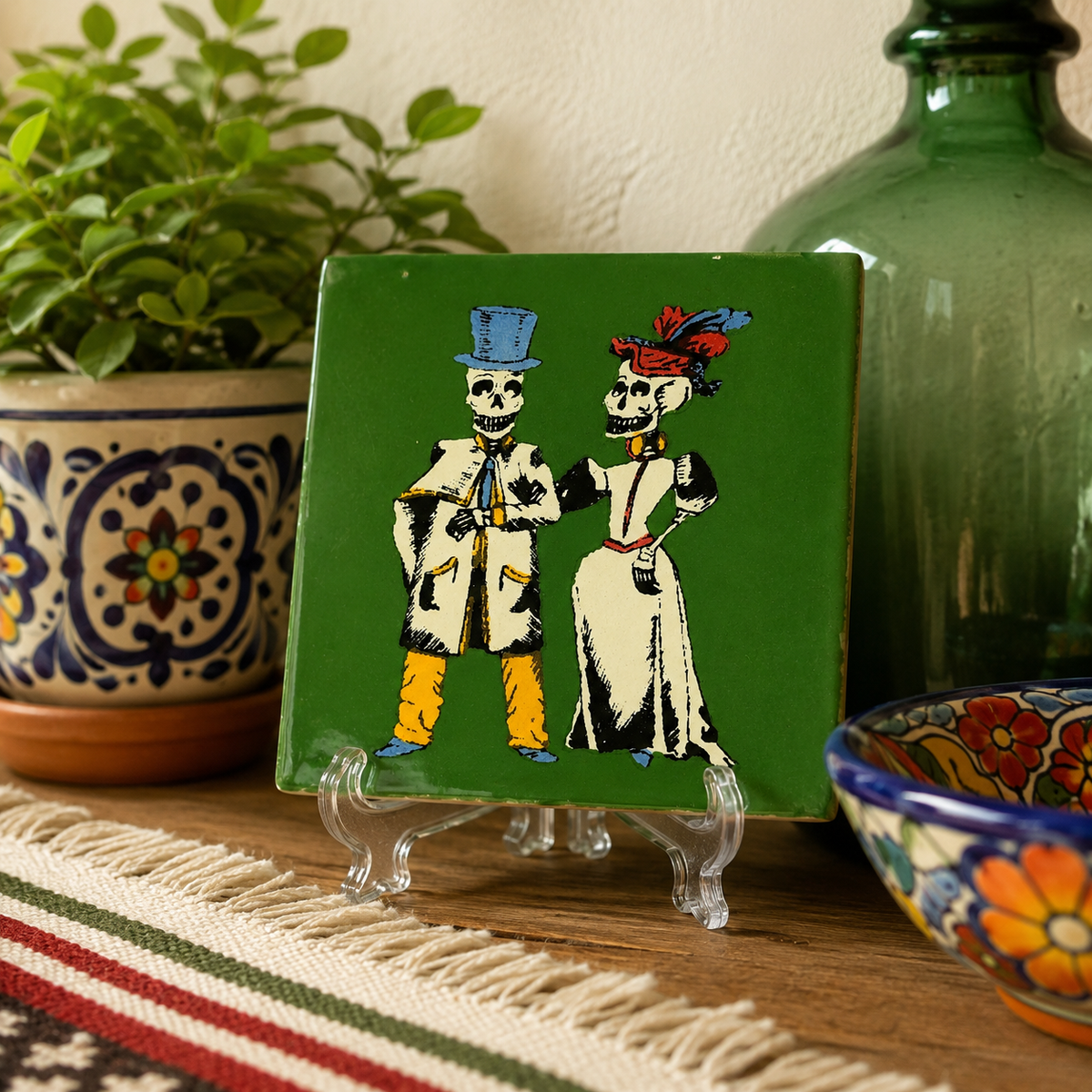 Skeleton Couple Ceramic Tile – Green 4 1/8" Mexican Folk Art