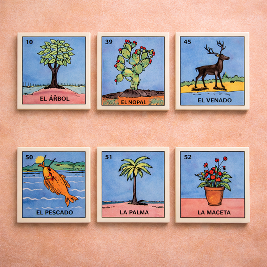 Set of six colorful lottery card coasters on a pink wall.