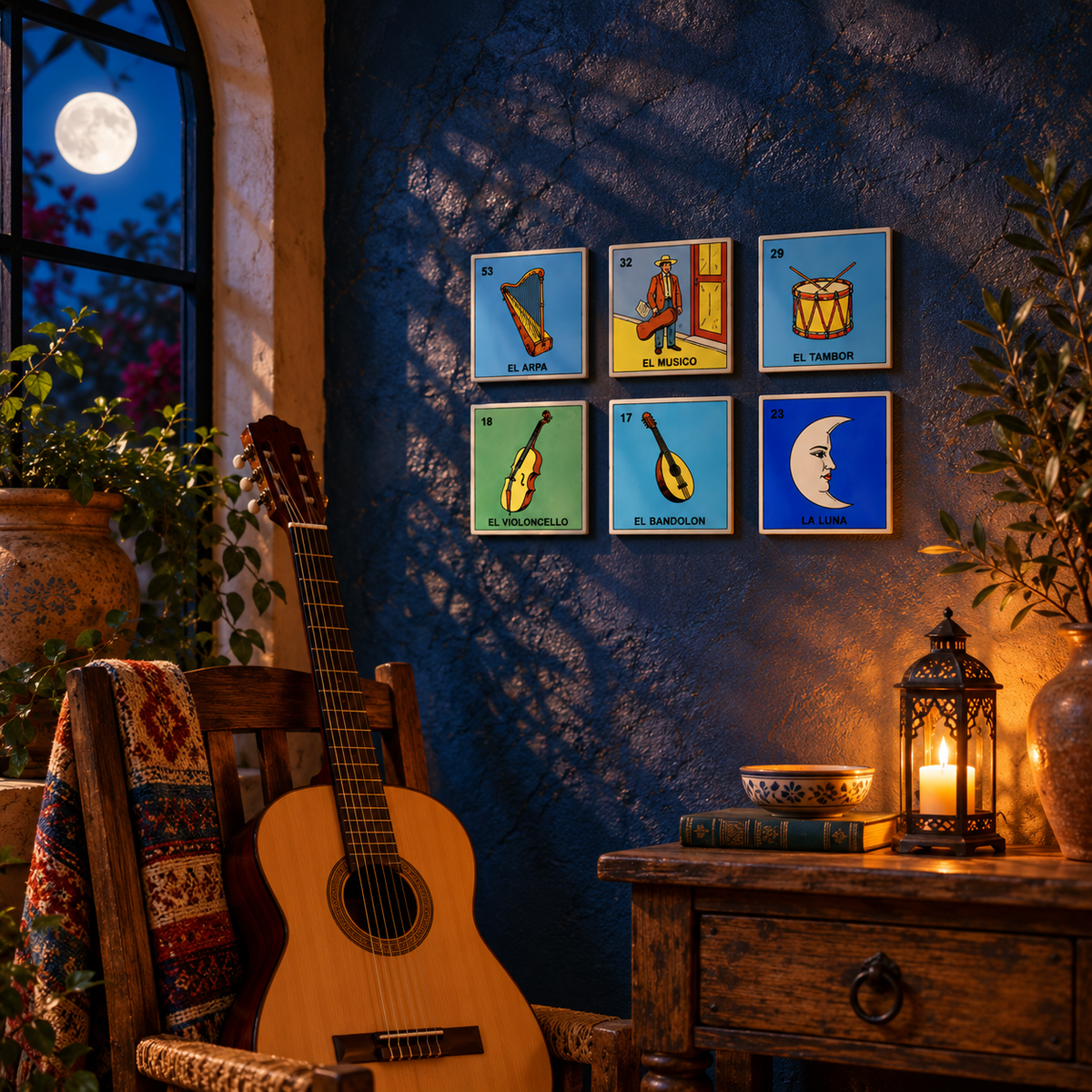 Music & Moonlight Collection – 6-Piece Lotería Tile Set | Mexican Wall Décor