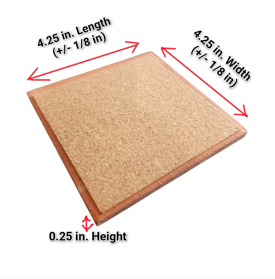 Square cork coaster with dimensions labeled on a white background