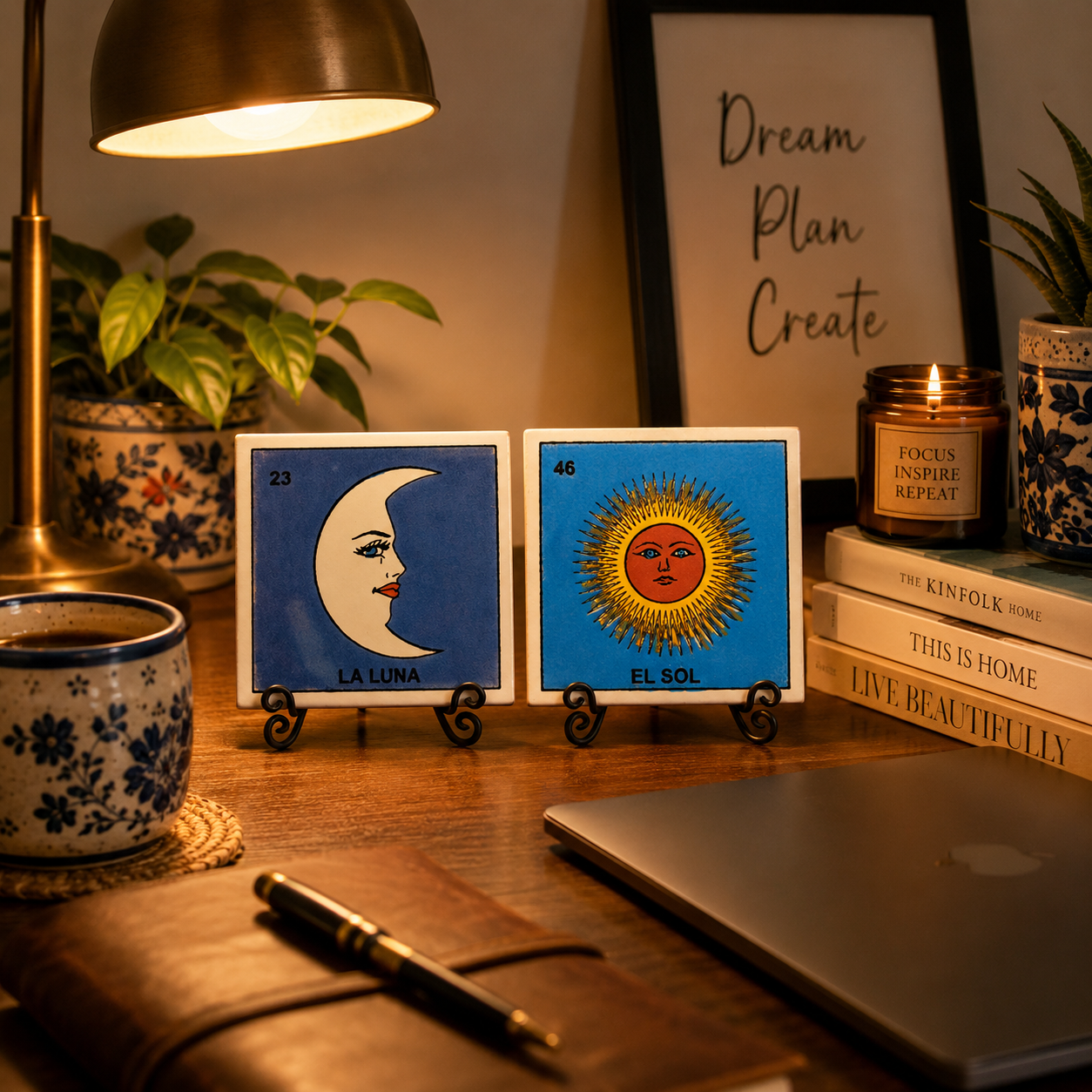 Day & Night Set Lotería ceramic tile display featuring La Luna and El Sol arranged as celestial-inspired wall décor.