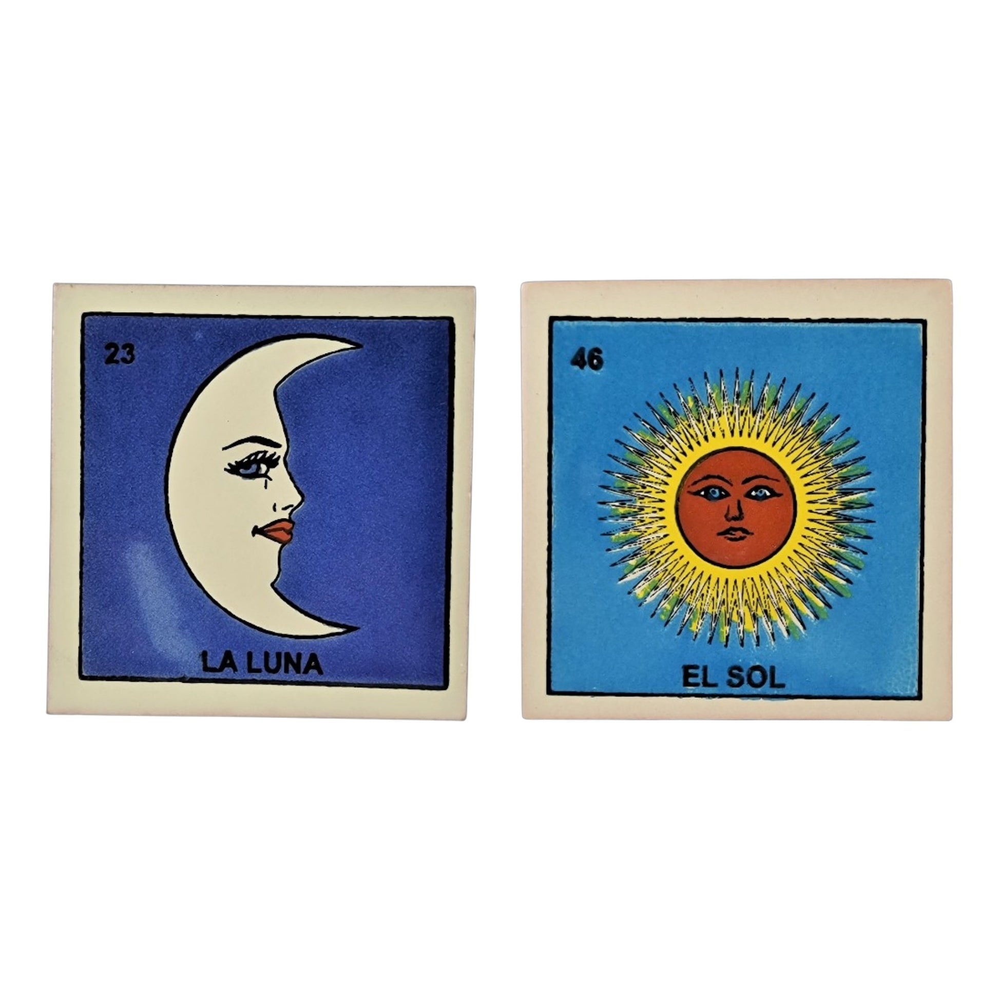 2-piece Mexican Lotería ceramic tile bundle featuring La Luna #23 and El Sol #46 decorative folk art tiles.
