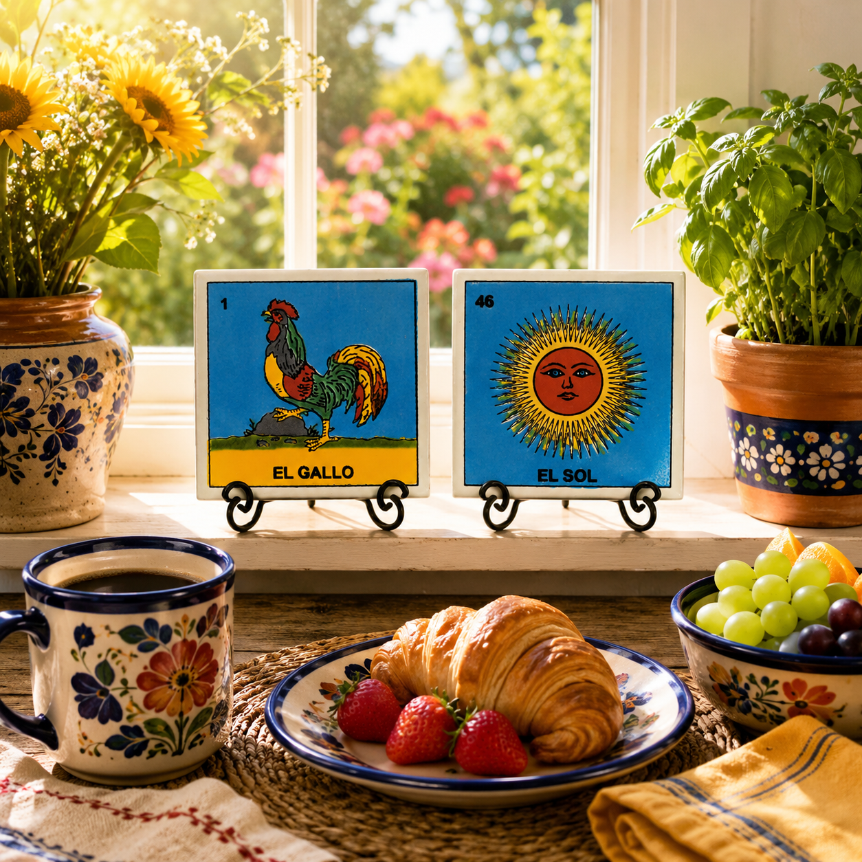 Early Morning Set Lotería ceramic tile display featuring El Gallo and El Sol styled in a breakfast nook with morning light and colorful kitchen décor.