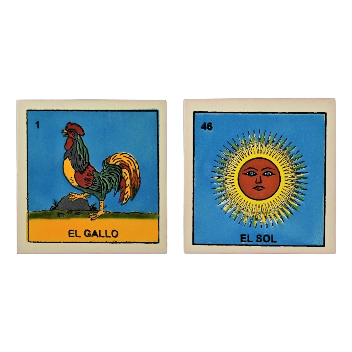 2-piece Mexican Lotería ceramic tile bundle featuring El Gallo #1 and El Sol #46 decorative folk art tiles.