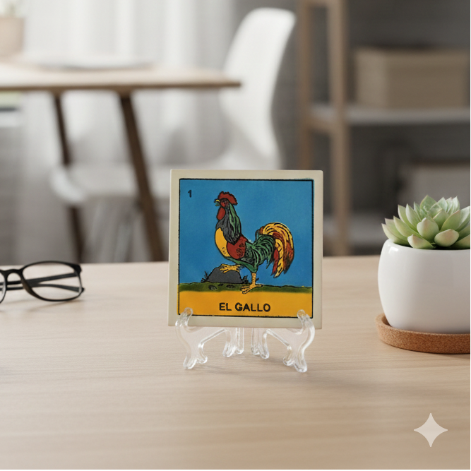 Desk with 'El Gallo' artwork on a stand, glasses, and books in a modern office setting.