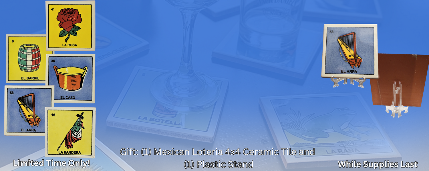 Collection of Mexican Loteria cards on a blue background with text about a limited-time offer.