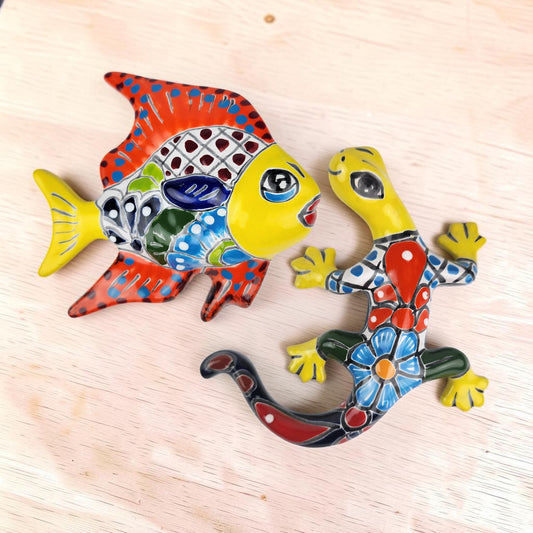 2-Piece Gecko & Fish Garden Decor Set – Mexican Ceramic Folk Art