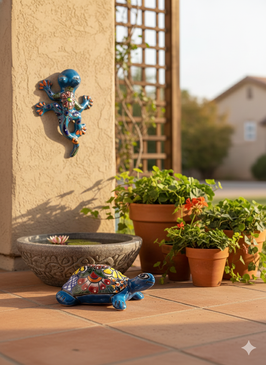 Handcrafted sky blue ceramic turtle and salamander folk art displayed on a patio with planters, Talavera-style Mexican decor