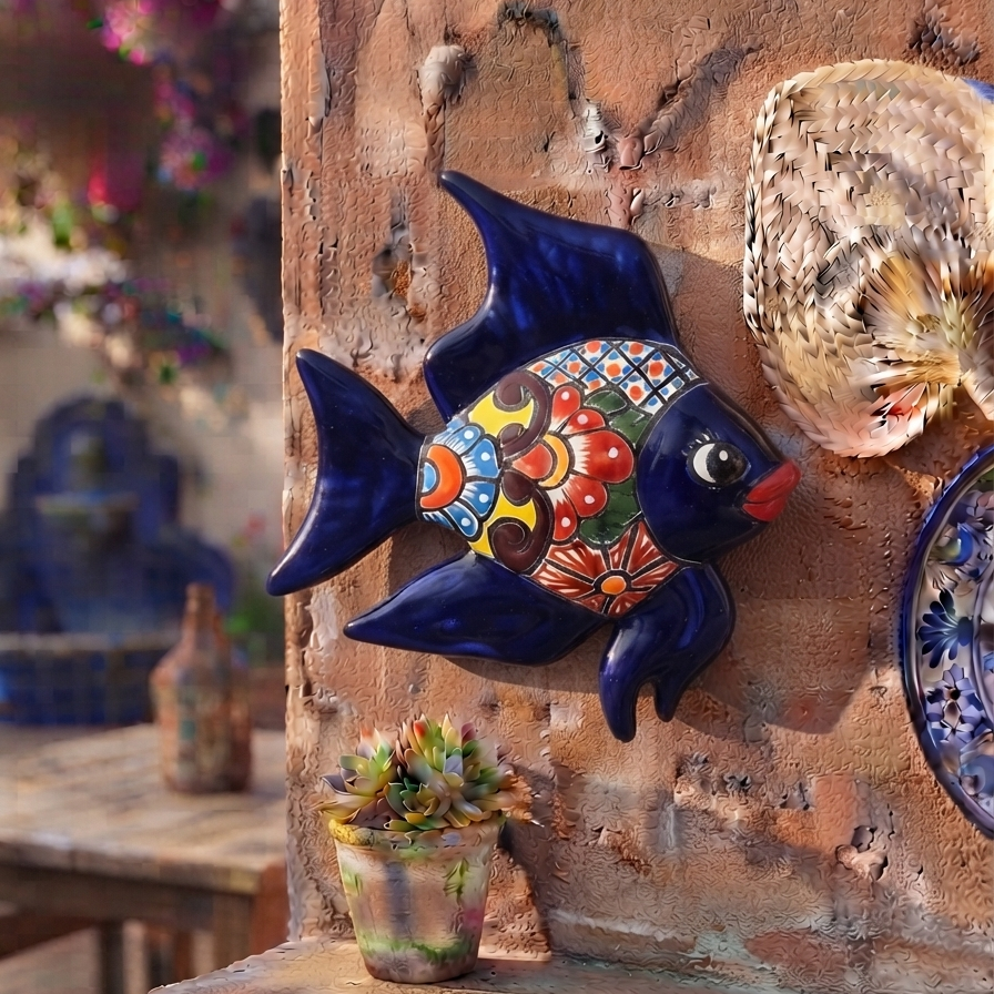 13-inch navy blue Talavera-style ceramic fish wall décor displayed on an outdoor wall, showcasing handcrafted Mexican folk art in a coastal-inspired setting.