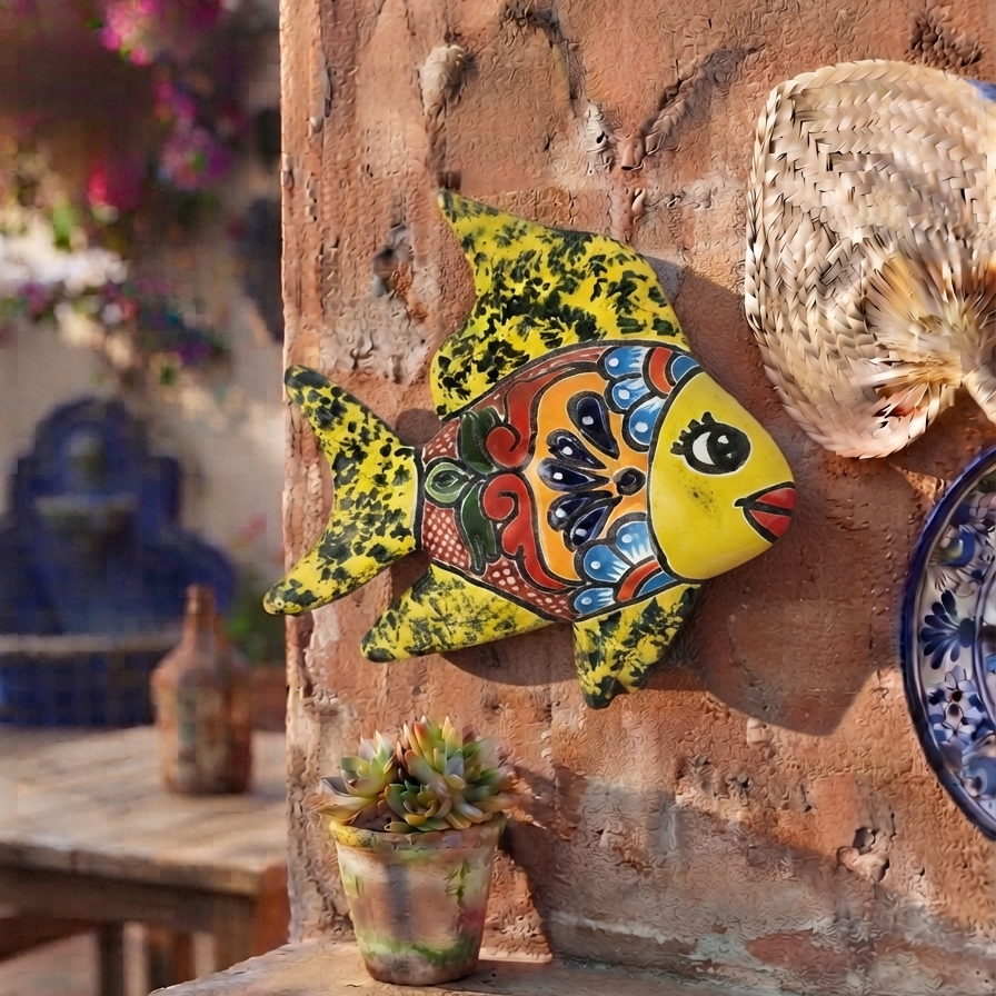 Yellow Talavera-style ceramic fish wall décor displayed on a stucco wall in a Mexican-inspired outdoor space.