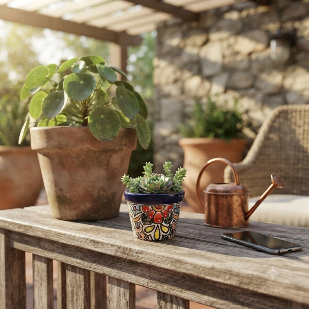 A small potted succulent in a colorful hand-painted pot sits on a wooden table on a patio, alongside a terracotta planter, a copper watering can, and a smartphone, with a stone wall and wicker chair in the background.