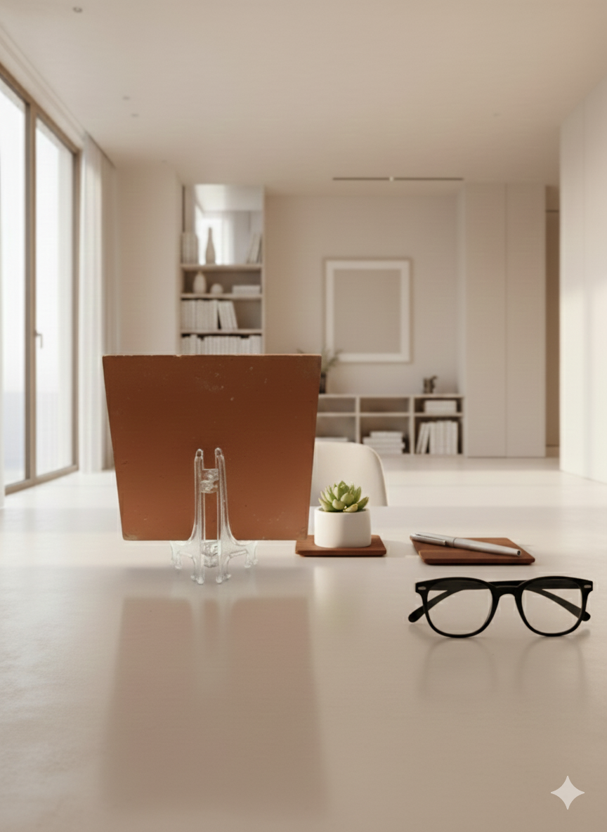Modern office desk with a computer monitor, glasses, and small plant.