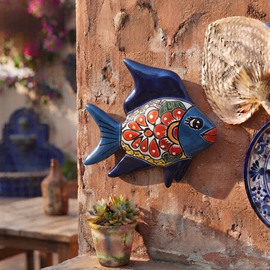 Navy and light blue Talavera-style ceramic fish wall décor displayed on a stucco wall in a Mexican-inspired outdoor space.