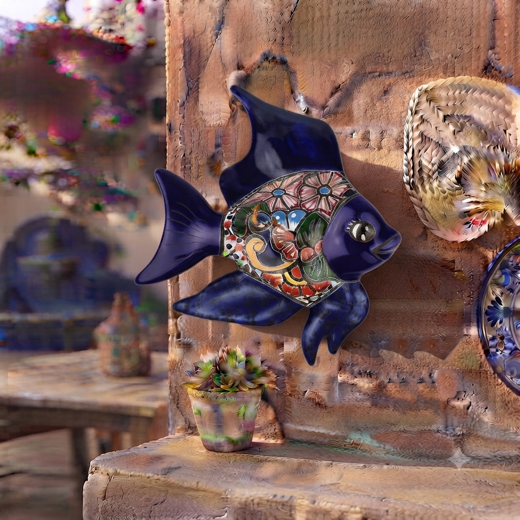 Navy blue Talavera-style ceramic fish wall décor displayed on a stucco wall in a Mexican-inspired outdoor space