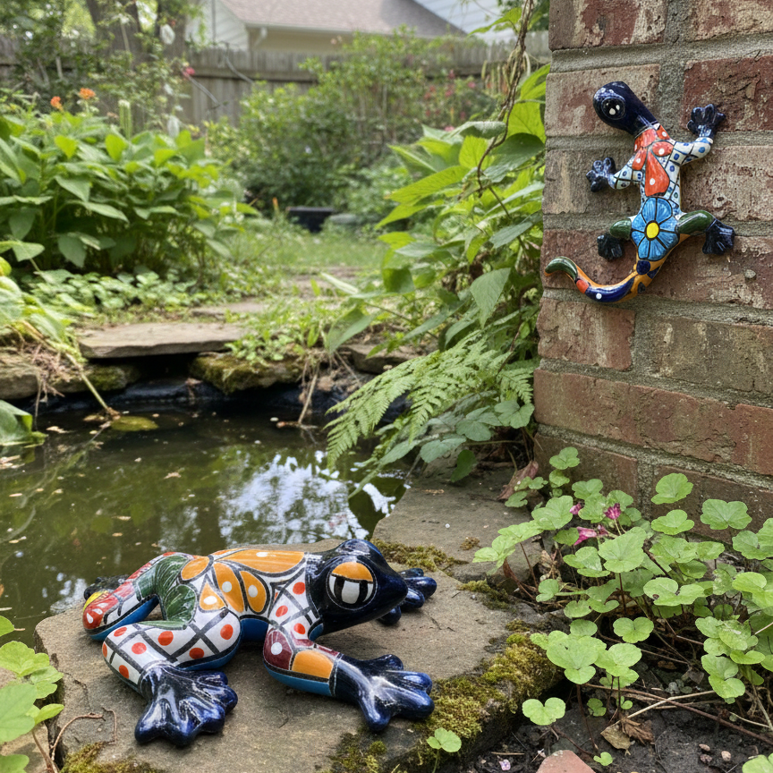 Decorative ceramic frog on a stone ledge near a garden pond with plants and a house in the background.