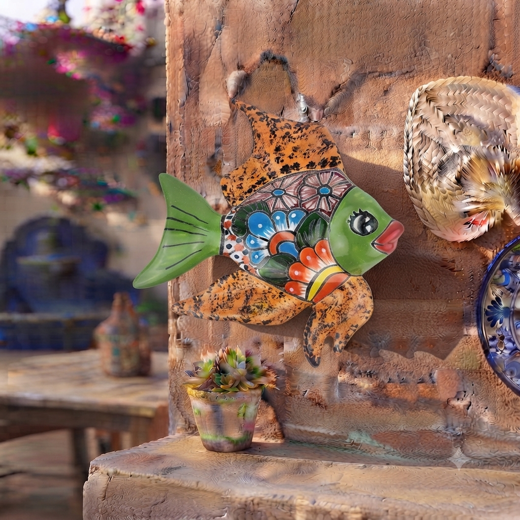 Green Talavera-style ceramic fish wall décor displayed on a stucco wall in a Mexican-inspired outdoor space.