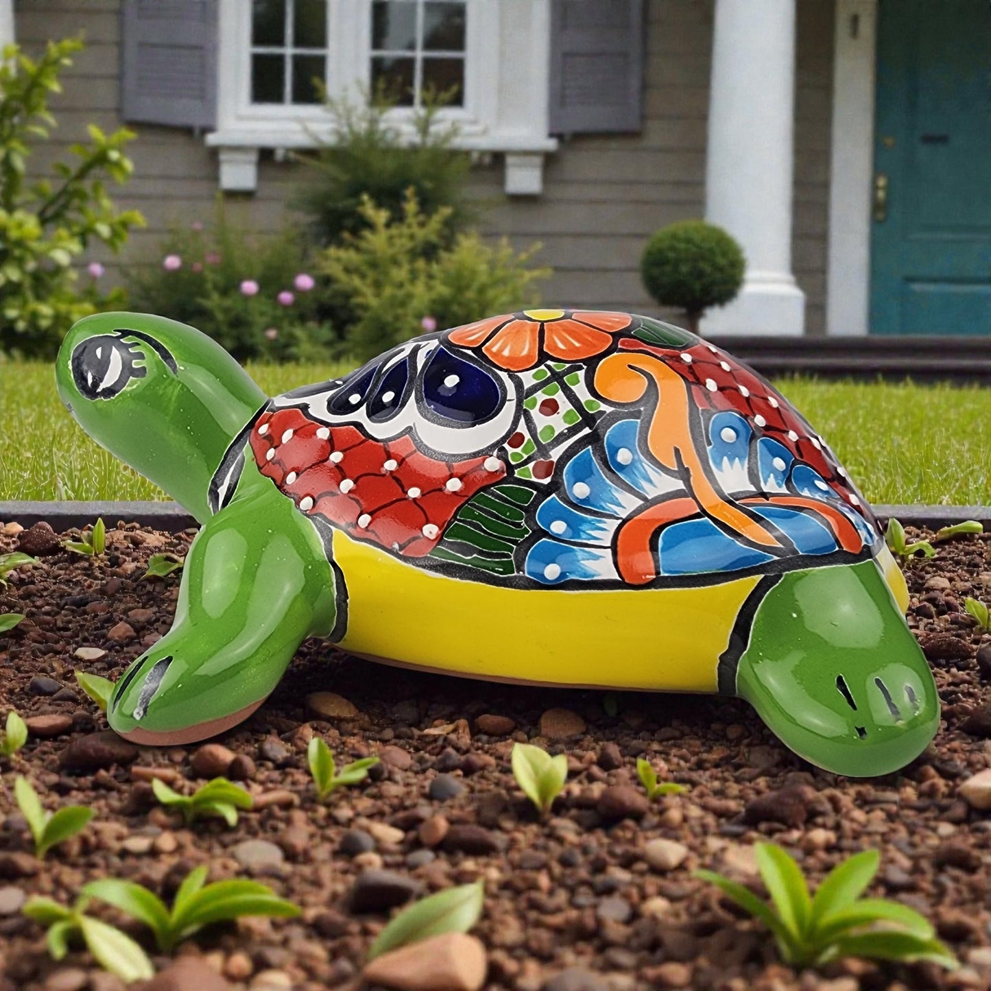 Green Talavera-Style Turtle Figurine 11" – Mexican Ceramic Folk Art