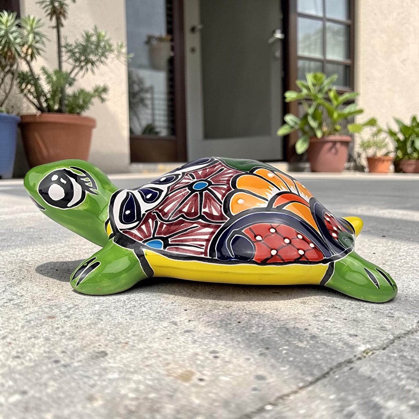 Green Talavera-Style Turtle Figurine 9.5" – Mexican Folk Art Décor