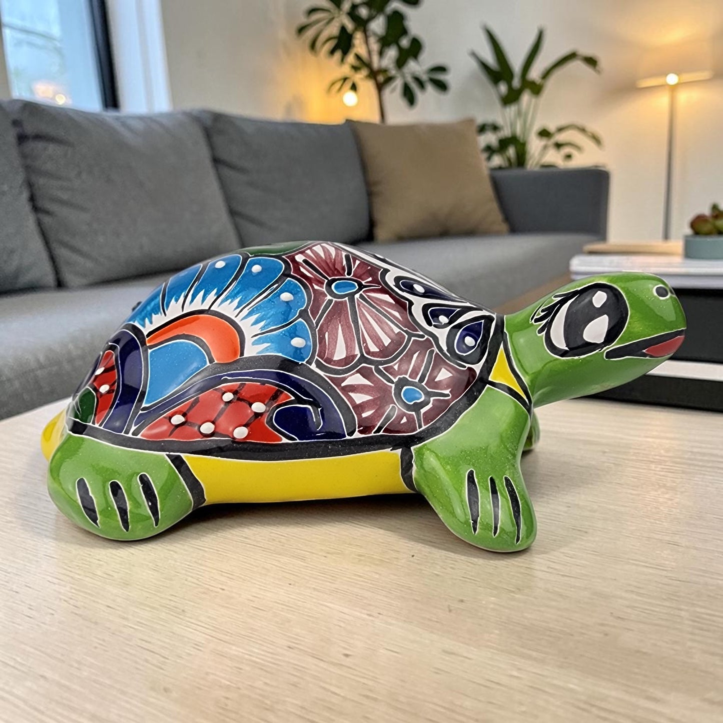 Green Mexican Ceramic Turtle Figurine 8.5" – Talavera-Style Garden Décor