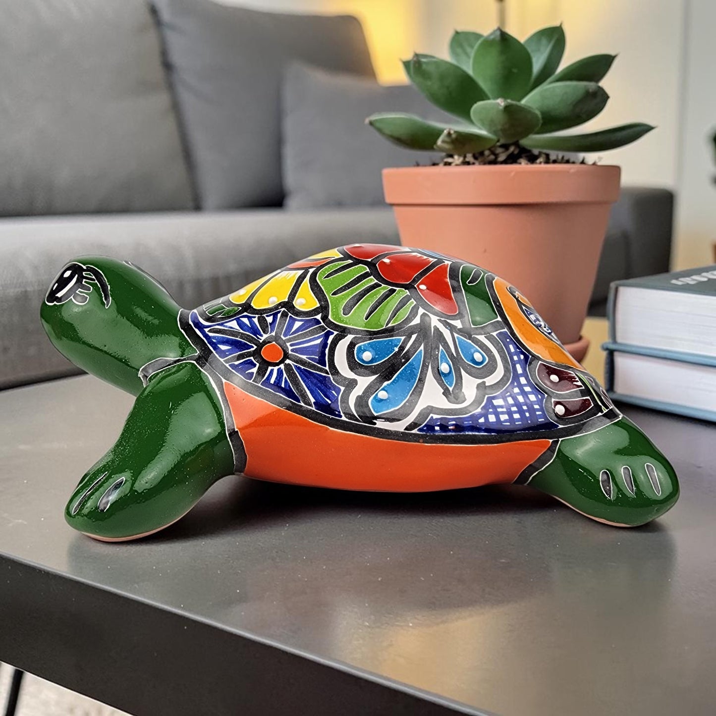 Green Talavera Turtle Figurine 8.5" – Mexican Ceramic Folk Art Décor
