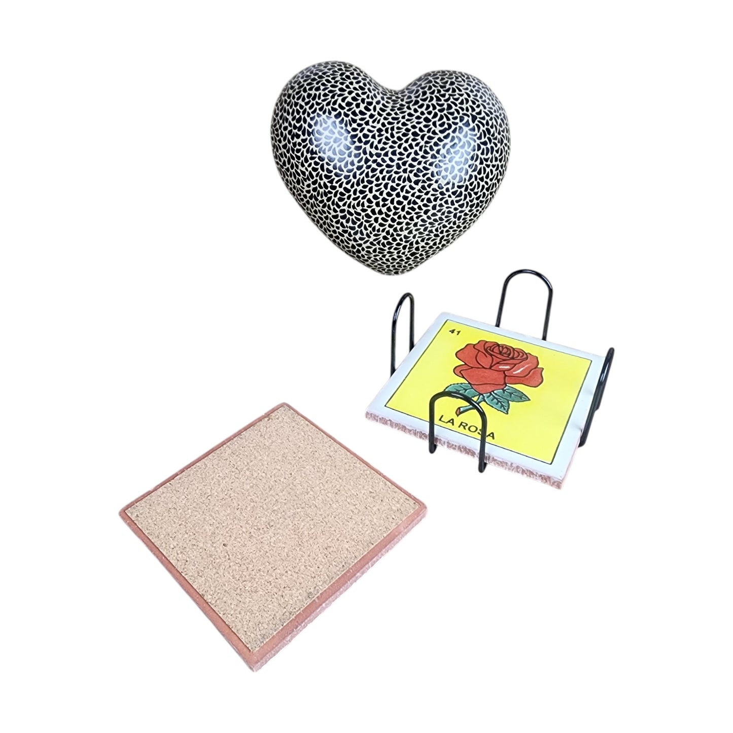 Mexican Ceramic Heart Wall Decor & Loteria Coaster Set w/ Holder