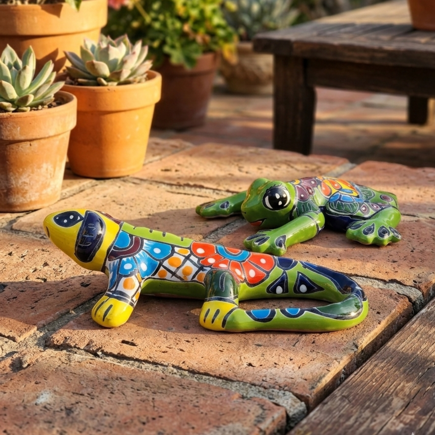 Garden Companions – Iguana & Frog Figurine Set | Handcrafted Mexican Ceramic Décor (2-Piece Bundle)