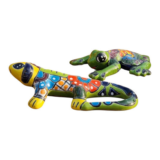 Garden Companions – Iguana & Frog Figurine Set | Handcrafted Mexican Ceramic Décor (2-Piece Bundle)
