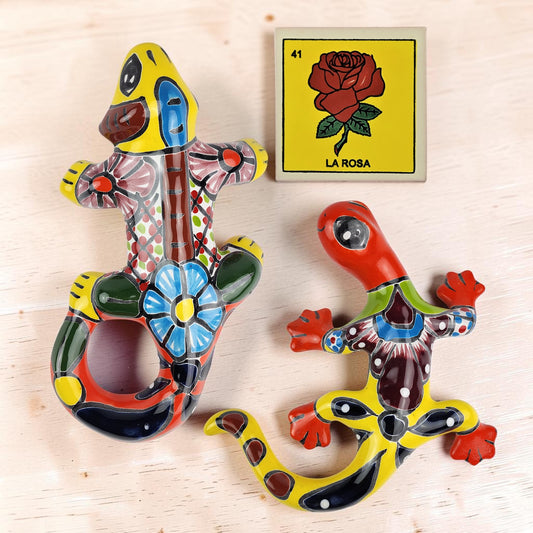3-Piece Mexican Folk Art Decor Set – Iguana, Gecko & La Rosa Tile