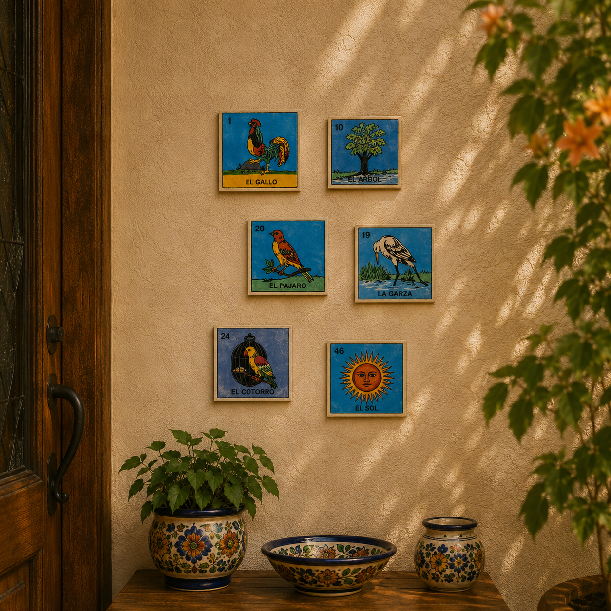 Sunrise Collection Mexican Lotería tiles displayed as colorful patio wall décor.