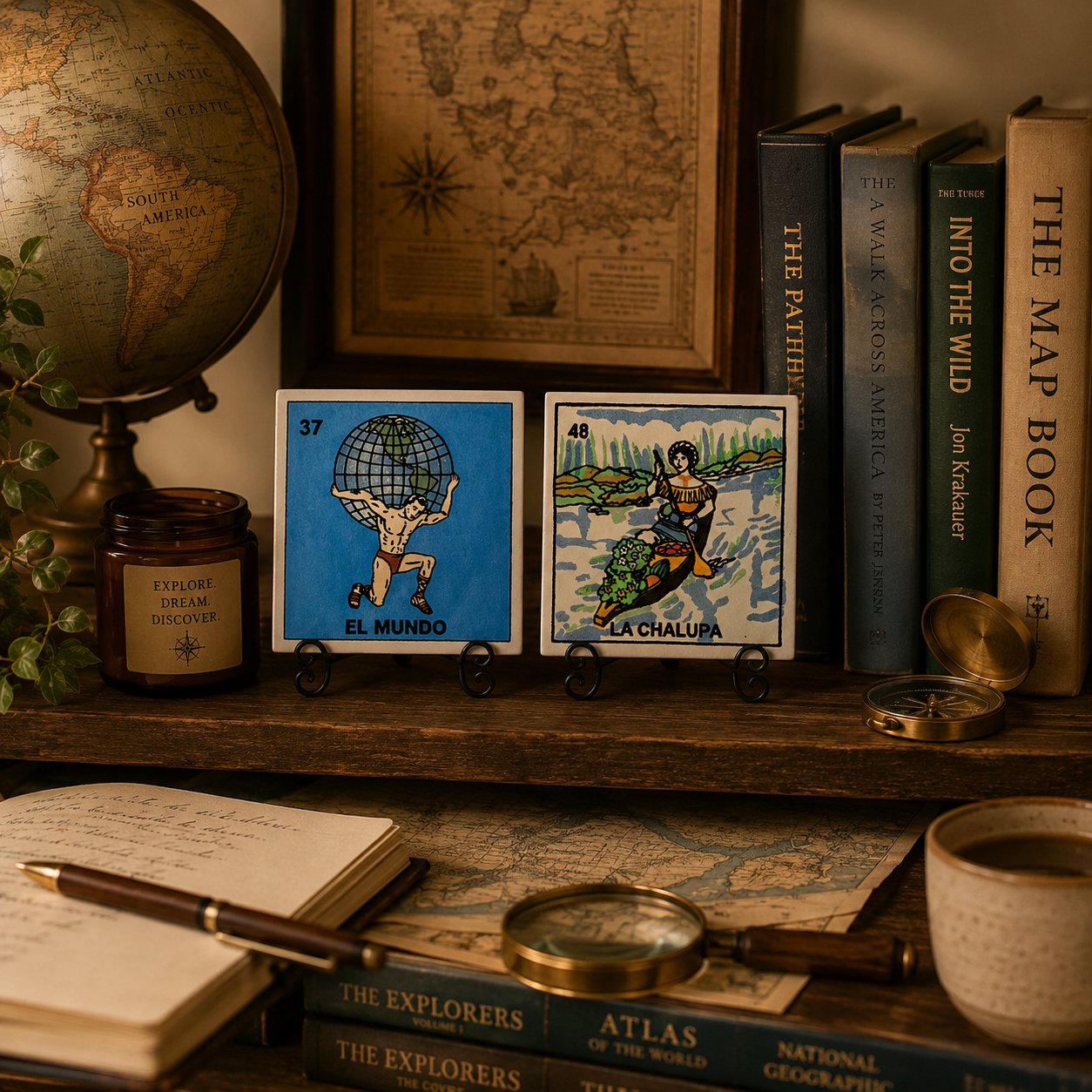 Journey Set Lotería ceramic tile display featuring El Mundo and La Chalupa styled with travel-inspired décor and vintage maps