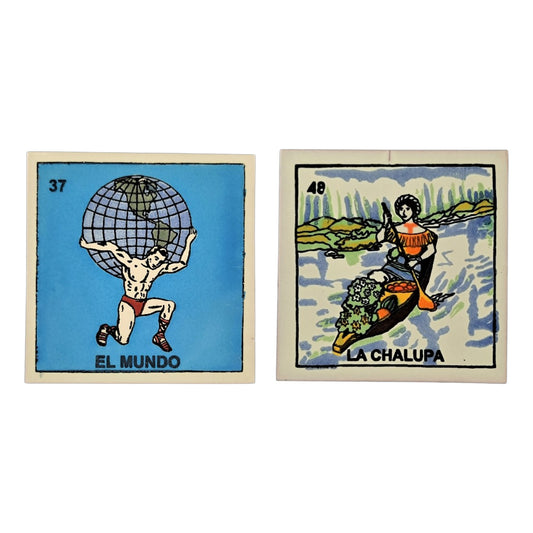 Journey Set 2-piece Mexican Lotería ceramic tile bundle featuring El Mundo #37 and La Chalupa #48