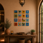 16-piece Complete Collection Lotería ceramic tile wall display styled in warm rustic interior.