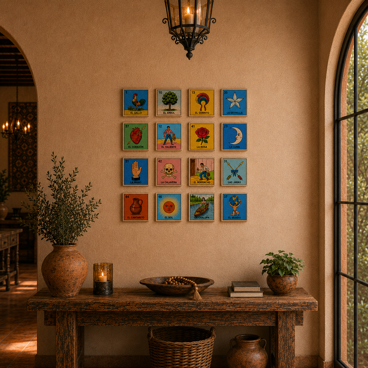 16-piece Complete Collection Lotería ceramic tile wall display styled in warm rustic interior.