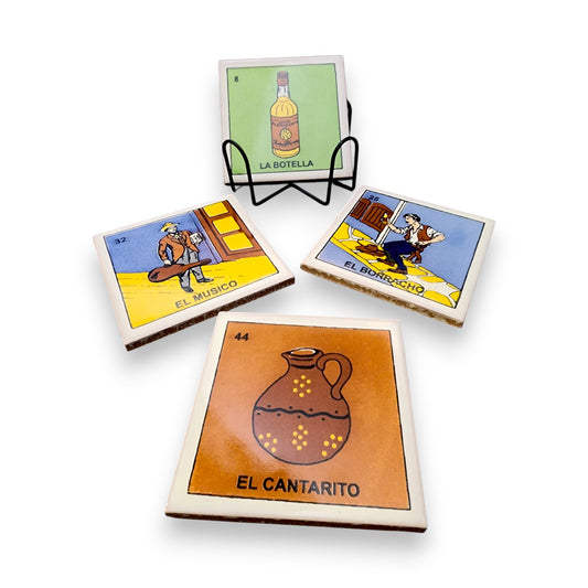 Cantina Nights Lotería Coaster Bundle – 4-Piece Mexican Ceramic Set