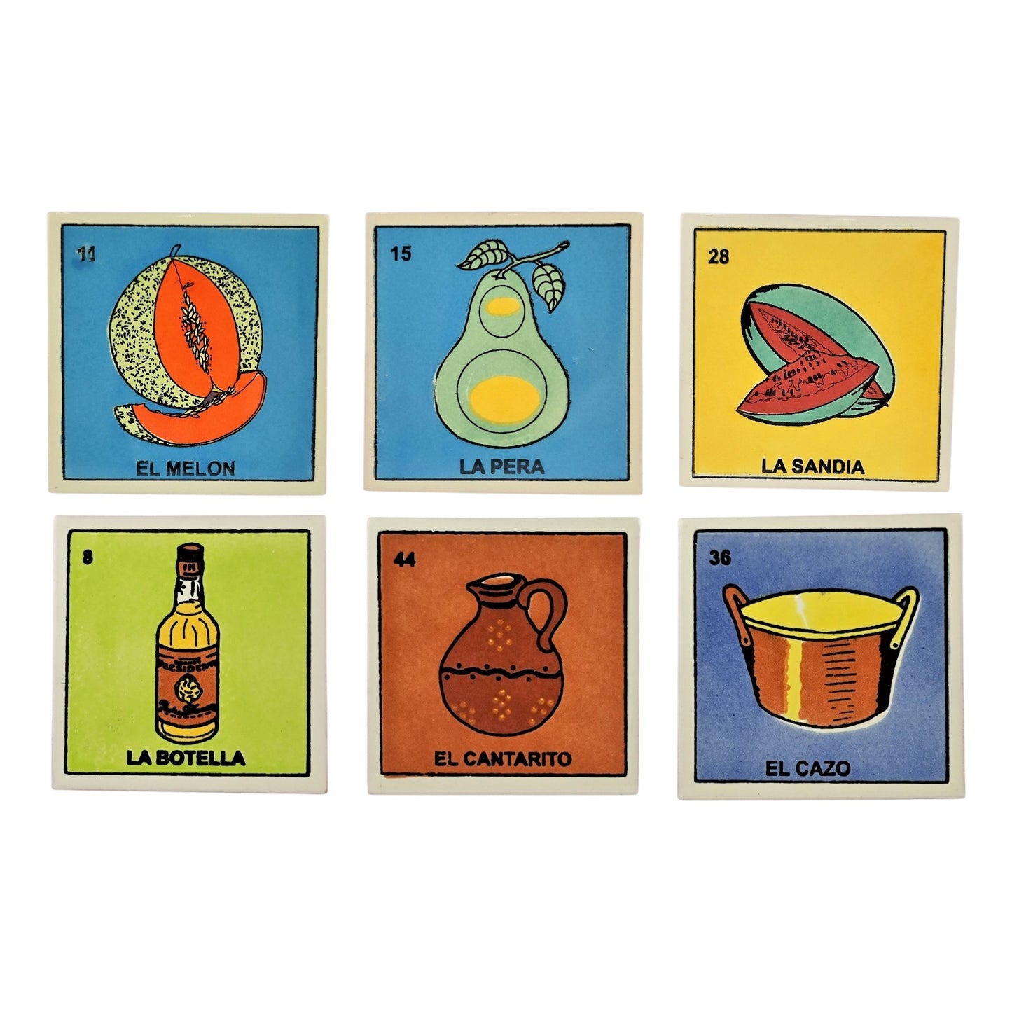 6-piece Mexican Lotería ceramic tile bundle inspired by colorful kitchen-themed folk art designs.
