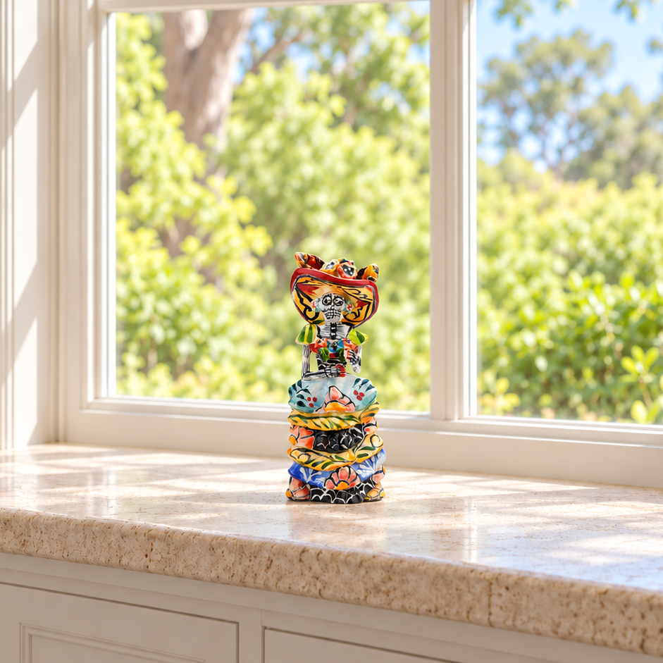 Multicolor hand-painted ceramic mini Catrina figurine displayed on a countertop beside a bright window.