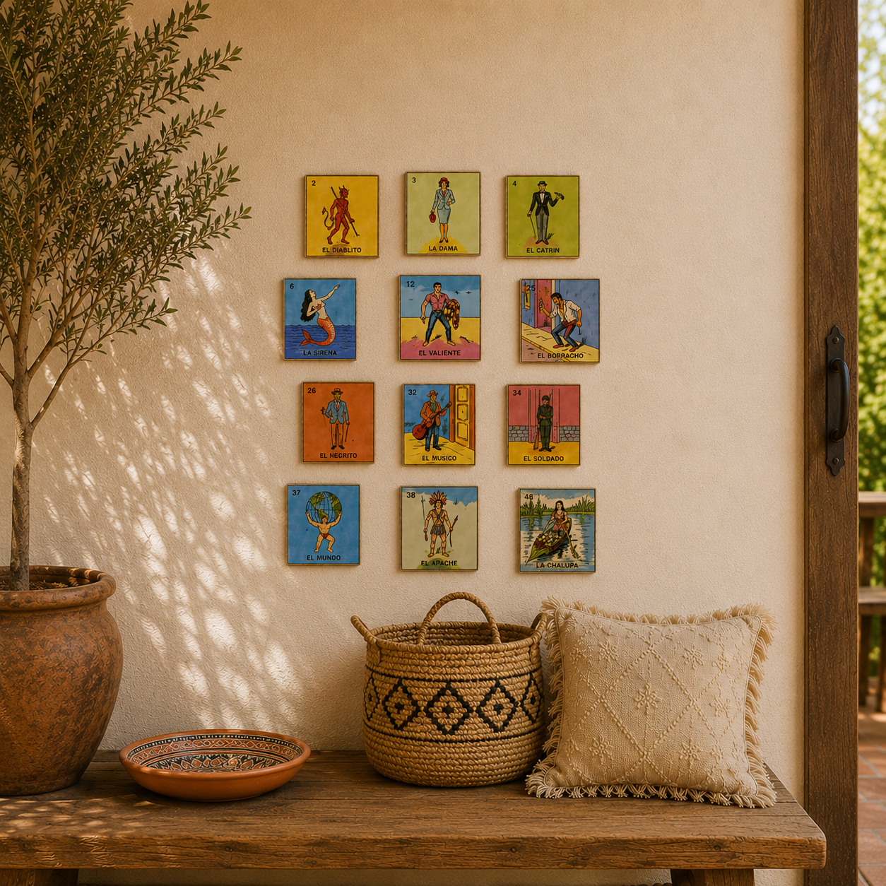 12-piece Cast Collection Lotería ceramic tile wall display arranged above rustic tabletop décor.