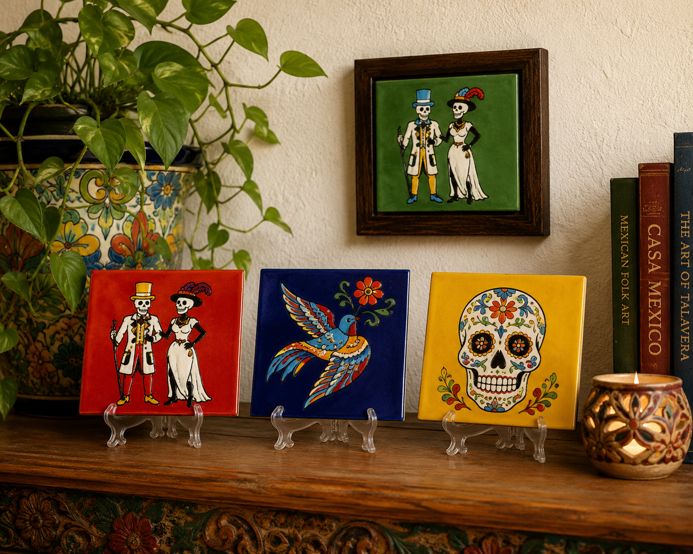 Three colorful Day of the Dead ceramic tiles on clear acrylic stands, displayed on a wooden mantel next to a potted plant and books, with a framed picture hanging on the wall above.