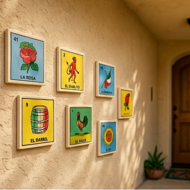 Colorful loteria card tiles on a wall with a garden and planter